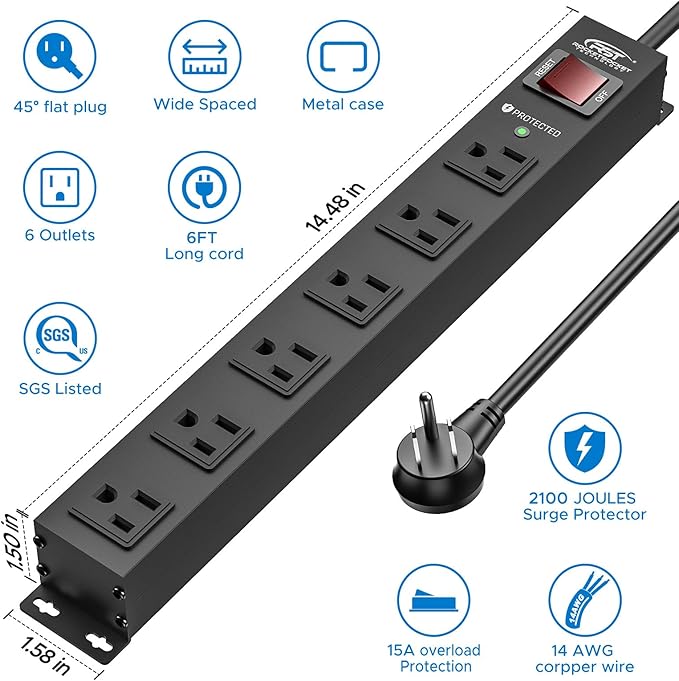 CRST 6 Outlet Heavy Duty Power Strip with Switch, 15A/1875W Metal Mountable Power Strip Surge Protector 2100Joules, Wide Spaced Power Bar for Garage Worshop Home School, 6 FT Cord