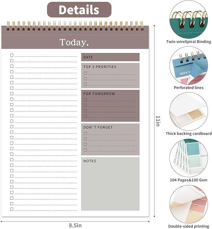 To Do List Notepad, 52 Undated Sheets （8.5"×11"）Duplex-printed Daily Planner For Work Home School Office Desk Accessories Supplies & Goal Setting Tasks- Brown
