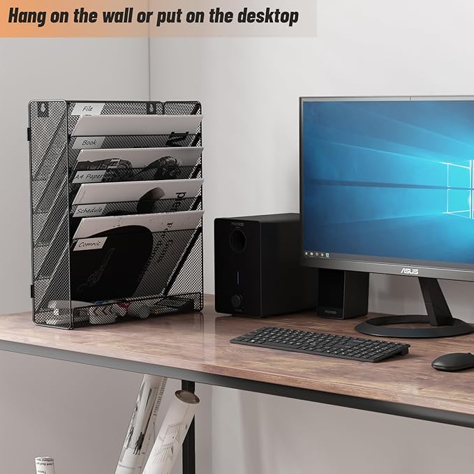 6 Tier Wall File Mounted Magazine Rack with Tray Mesh A4 Paper Organiser Mail Holder Storage, Black