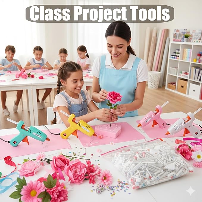 MONVICT 8 Pack 30W Hot Glue Gun Set with 50 Glue Sticks 2 Each of Pink/White/Lake Blue/Yellow - Easy to Use for DIY Crafts, Arts, Class Projects, School, Home Repairs - High Temp Mini Glue Guns