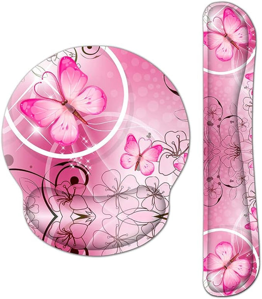 RICHEN Keyboard Wrist Rest and Mouse Pad with Wrist Support, Memory Foam Set for Gaming and Office, Comfortable & Lightweight for Easy Typing & Pain Relief (Pink Butterfly)