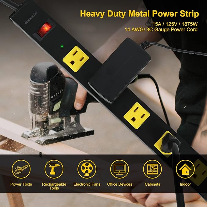SURAIELEC 12 Outlet Long Metal Power Strip, 15 FT Cord Surge Protector, Angled Flat Plug, Wide Spaced Outlet Power Bar, 15A Breaker, Wall Mountable, Industrial Heavy Duty for Work Bench, Shop, Garage