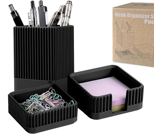 Aesthetic Desk Organizers and Accessories Set of 3 with Pen Holder,Paperclip Holder,Sticky Note Holder - Durable Plastic Pencil Holder for Office Women Men-Teacher Appreciation/Back-to-school Gift