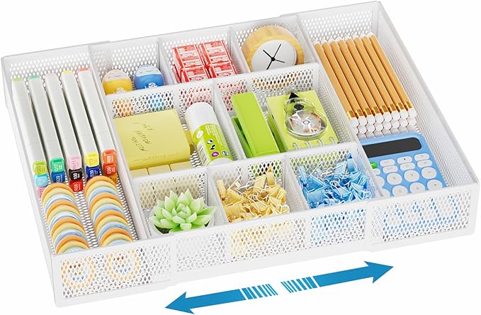 Marbrasse Expandable Desk Drawer Organizer, Mesh Drawer Organizer Tray with 10 Adjustable Compartments, Desk Organizers and Accessories, 5 Dividers Drawer for Office Supplies, Makeup & Vanity (White)