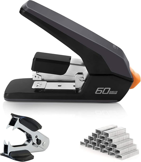 Deli Effortless Heavy Duty Stapler, One Touch Stapling, Easy to Load Ergonomic Stapler, 60 Sheet Capacity, Includes 2000 Staples and Staple Remover for Desktop