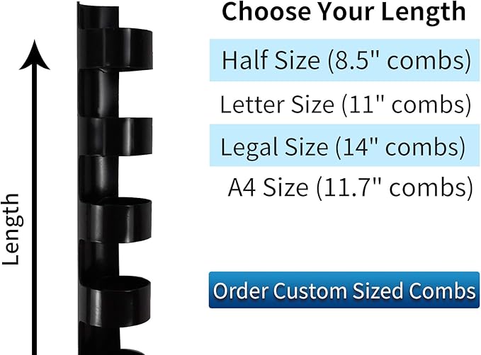 Rayson CR681012-BK Plastic Comb Binding Ring, 1/4in,5/16in,3/8in,1/2in, 19-Ring Letter Size, Black Comb Spines, Multi-Size Pack of 100