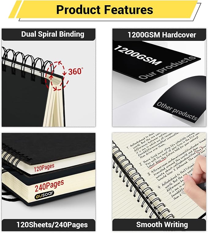 EUSOAR Black Spiral Notebook, 1 Pack A5 5.5"x8.3" Hardcover College Ruled Lined Journal, 240 Pages(120 Sheets) Writing Pads Professional Notebook for DIY Note Taking School Business Work Office Diary