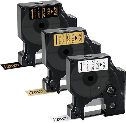 BOYEEZON 3Pack Compatible for DYMO D1 12mm Label Tape 45022 45023 Black on Silver Gold 45024 Gold on Black Multicolor Tape Use for DYMO LabelManager 100 120P 150 160 200 210D, 1/2"(12mm) x 23'(Feet)