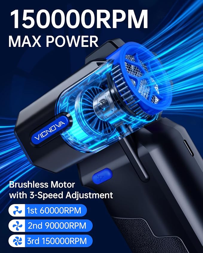VICNOVA Compressed Air Duster, 150,000RPM Cordless Electric Air Blower with 3-Speed Adjustable Rechargeable with LED Light for Cleaning Car, Computer, PC Keyboard, Gifts for Dad, Man, Him
