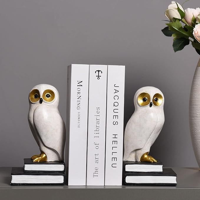 Book Ends for Shelves, Owl Decorative Bookends Bronze Bird Book Stopper Unique Kids Book Holders with Anti-Slip Base Luxurious Bookends for Kids Rooms Office Home Decor(White)