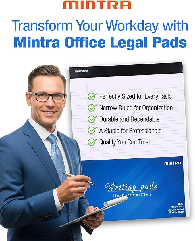 Mintra Office Legal Pads - ((BASIC WHITE 6pk, 8.5in x 11in, NARROW RULED))