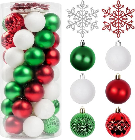Christmas Tree Decorations Ornament Set, 60ct 2.36 Inches Red Green and White Shatterproof Christmas Ball Ornaments, Hanging Ball for Xmas Holiday Wedding Party Decor