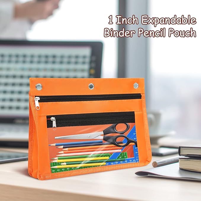 YoeeJob 1 Pack Pencil Pouch for 3 Ring Binder, Expandable Binder Pouches with Zipper, Large Capacity Pen Holder Case with Clear Window School Class Office Organizers, Orange