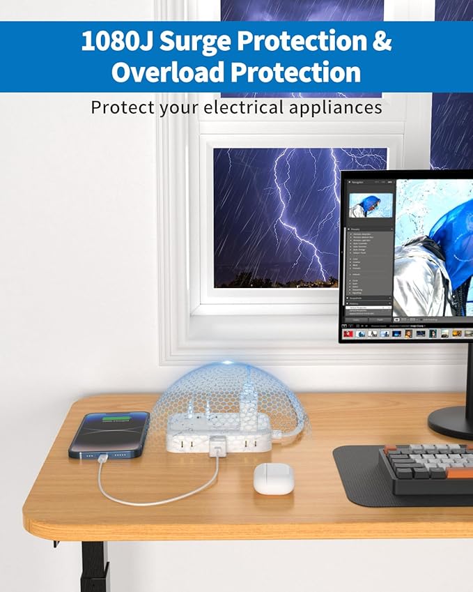 Flat Extension Cord 25 ft, NTONPOWER Surge Protector Power Strip with 6 Outlets 4 USB Ports(2 USB C),Flat Plug, Multiple Outlets, Mounted, Outlet Extender, Overload Protection for Indoor, Home, Office