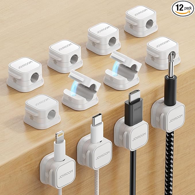 12 Pack Magnetic Cord Holder, Cord Organizer Cable Clip for Desk Management, JOYROOM Smooth Adjustable Cable Clip, Wire Holder Keeper Organizer for Home Office Desk Phone Car Wall Desktop Nightstand