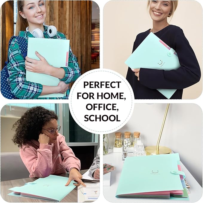 SKYDUE Expanding File Folder with 5 Pockets, Cute Accordion File Organizer, Letter Size Filing Folder, Portable Paper Receipt Organizer, School Office Supplies Green