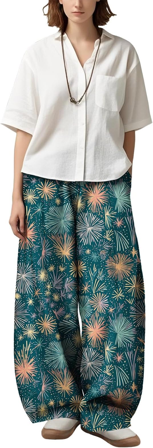 Zaswen Women's Oversize Loose Fit Breathable Pants Wide Leg Lounge Pants Fashion Casual Fireworks Print Trousers with Pockets