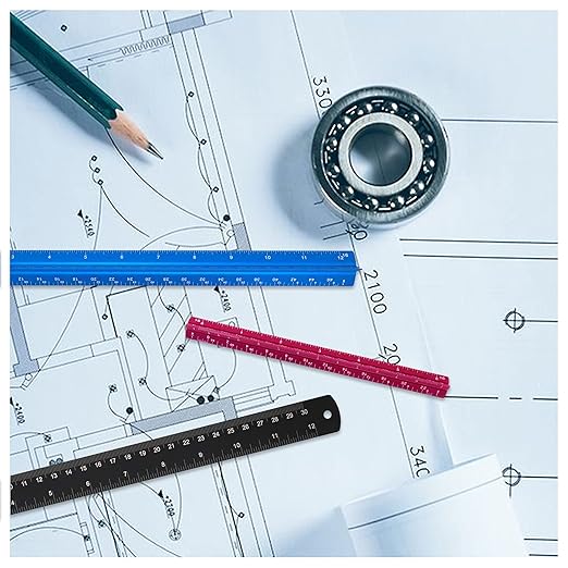 Set of 3 Aluminum Engineering Scale Metal Ruler Set, Architectural Scale Rulers 12 Inch and 6 Inch Triangle Ruler and 12 Inch Straight Edge Ruler Drafting Tools for Architects, Draftsman