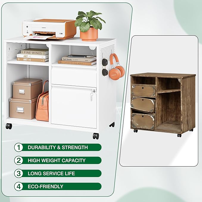 Metal File Cabinet,Lateral Filing Cabinet with Lock for Letter/A4 Size Files,Rolling Printer Stand with Open Storage Shelves for Home Office(White)