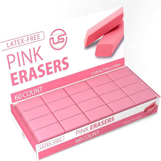 Pink Erasers, 60 Count Rectangular Eraser Bulk Pack, Latex Free Pink Pearl Erasers for School Supplies, Art and Office