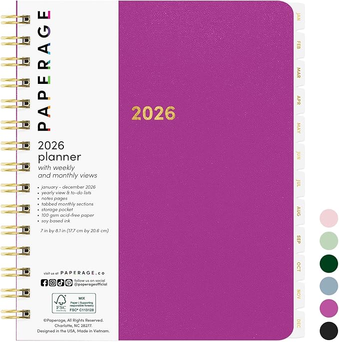 PAPERAGE 2026 Weekly & Monthly Planner, 12 Months (January 2026 - December 2026), 6.6 in x 8.1 in, Spiral Bound 2026 Planner with Weekly, Monthly & Yearly Views, Note Pages & Inner Pocket – Raspberry