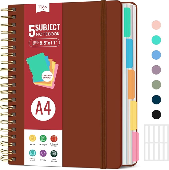 Hardcover Spiral Journal Notebooks for Work With Removable Dividers & Tabs, 8.5"x11" 5 Subject Notebook for Note Taking & Organizer, A4 College Ruled Lined Journal for Women & Writing, Rust Brown, 280 Pages
