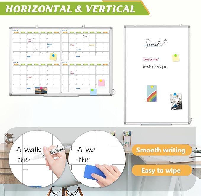 Dry Erase Calendar Whiteboard for Wall, 36" x 24" Magnetic Planner, Silver Aluminum Frame 4 Month Board for Office Home and School