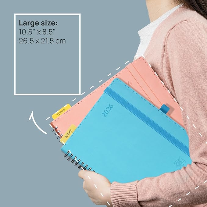 POPRUN 2026 Planner (Large - 8.5" x 10.5") with Hourly Schedule, Vertical Layout - 2026 Weekly Calendar (Jan. 2026 - Dec.2026) for Time Management, Monthly Tabs, Spiral Bound, Soft Cover - Brown