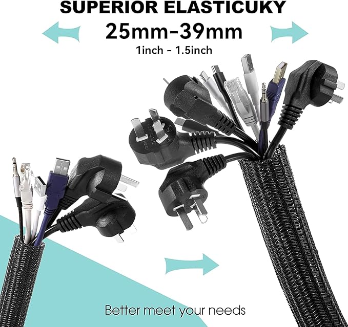 AGPTEK Cable Sleeve Cover, 10ft - 1.5 inch Desk Cord Organizer Cable Hider, Home Office Wire Management Computer TV Wire Loom Tubing, Pet Proof Cord Protector, from Cat Dog Chewing, Black