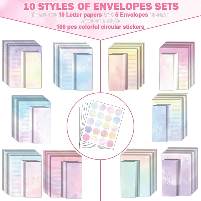 250Pcs Watercolor Stationery Paper and Envelope Set with 100 Letterhead Papers and 50 Envelopes, 10 Design for Letter Writing Invitations Computer Holidays Party Notes, 8.5x11 Inch-Lined