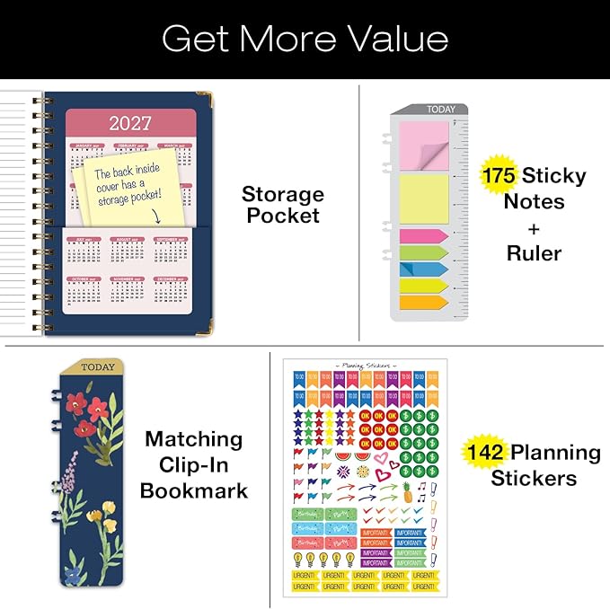 HARDCOVER 2026 Planner, 7"x9": 14 Months (November 2025 - December 2026), Daily Weekly Monthly Planner, Yearly Agenda, Bookmark, Pocket Folder and Sticky Note Set (Navy Gold Numbers)