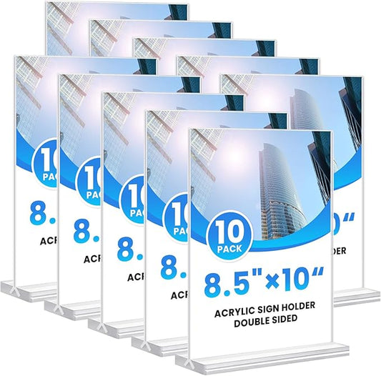 Acrylic Sign Holder 8.5x11, 10 Pack Clear Table Plastic Vertical Clear Double Sided Flyer Display, Picture Menu Stand Paper Holder Photo Sign Holder Suitable for Restaurants Office Store Show Fair