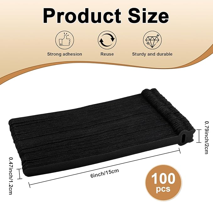 Reusable Cable Ties 6 In 100 Pack Heavy Duty Black Cord Organization Straps Adjustable & Releasable Hook and Loop for Indoor/Outdoor Wire Management