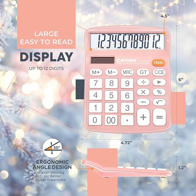 CATIGA 12 Digits Desktop Calculator with Large LCD Display and Sensitive Button, Dual Solar Power and Battery, Standard Function for Office, Home, School, CD-2786(Light Pink)
