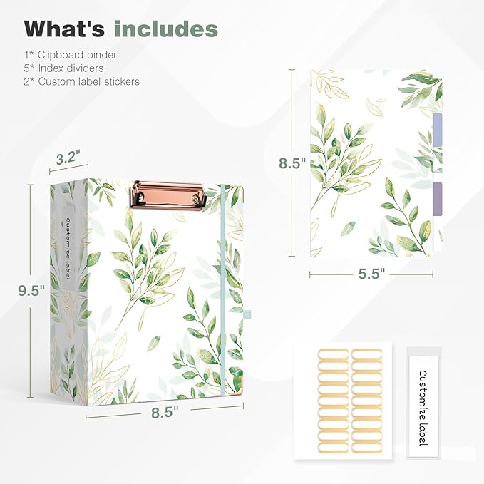 Ospelelf Small Three Ring Binder 2 Inch, Green Floral Round Ring Clipboard Binder with 5 Tab Dividers, for School and Office Supplies, Greenleaf