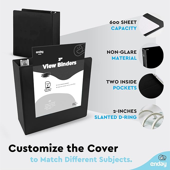 3 Inch Binder 3 Ring Binders Black, Slant D-Ring 3” Clear View Cover with 2 Inside Pockets, Heavy Duty Colored School Supplies Office and Home Binders, 6 Pack – by Enday