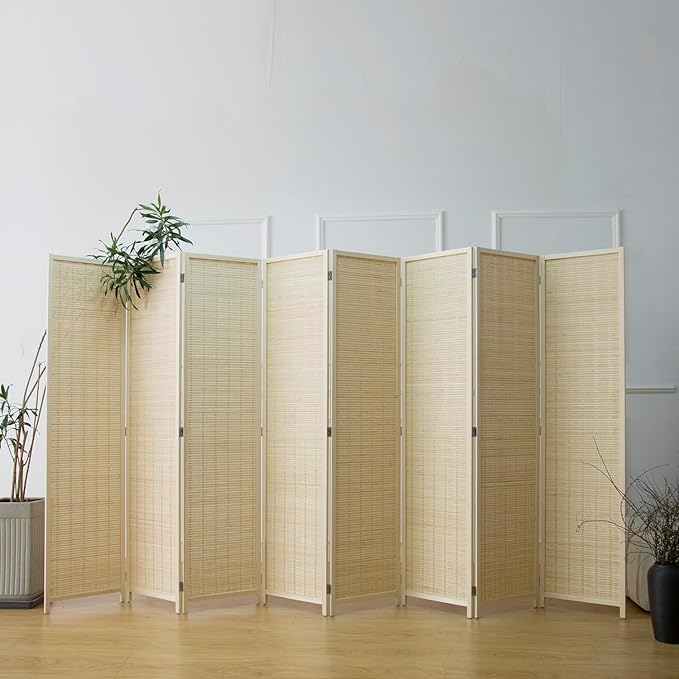 8 Panel Room Divider and Folding Panel Screen,Bamboo Panel Divider Screen for Room Separation,Beige,67" H x 122.8" W