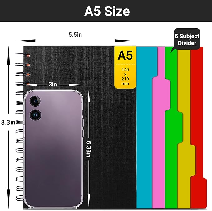 EUSOAR College Ruled Spiral Notebook, 3 Pack A5 5.5"x 8.3", 100gsm Paper, 120 Sheets/ 240 Pages, Black Hardcover 5 Subject Spiral Lined Notebooks, for Note Taking School Business Work Writing Diary