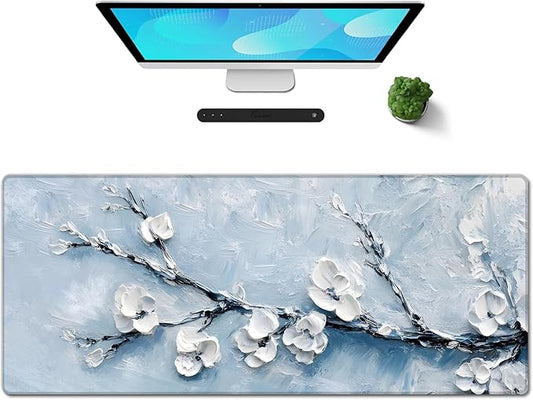 Galdas Gaming Mouse Pad XXL XL Large Long Extended Big Mousepad Non-Slip Rubber Keyboard Mouse Pad with Stitched Edges for Laptop Home Office (31.5x11.8x0.08 Inch) -Snow Floral