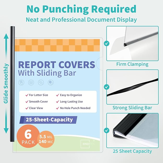 Binditek 6 Pack Clear Report Covers with Sliding Bars, 25 Sheet Capacity, 5mm Binding Bars, Letter Size, 5.5 Mil Thick, Black, for Students and Coworkers