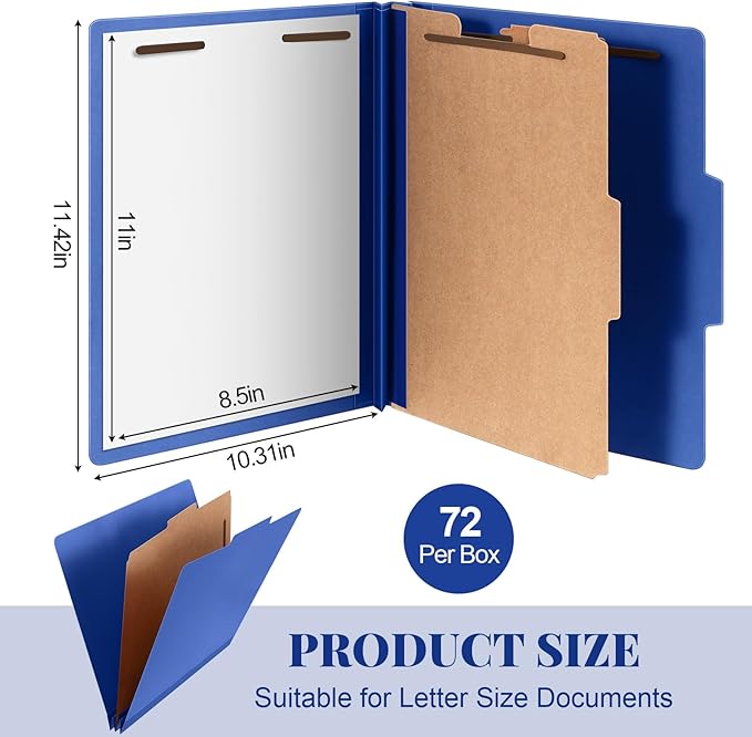 Skyygemm 72 Pcs Classification Folders Letter Size, 1 Divider Pressboard File Folder with Fasteners, Expanding File Organizer Bulk for Teachers, Clergy, Office, Church, Christmas Donations (Dark Blue)