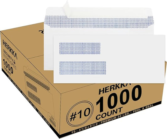 1000 Pack #10 Double Window Security Self-Seal Envelopes - Suitable Size for Multiple Business Statements, Quickbooks Invoices, and Return Envelopes, Size 4-1/8 x 9-1/2 - White - 24 LB