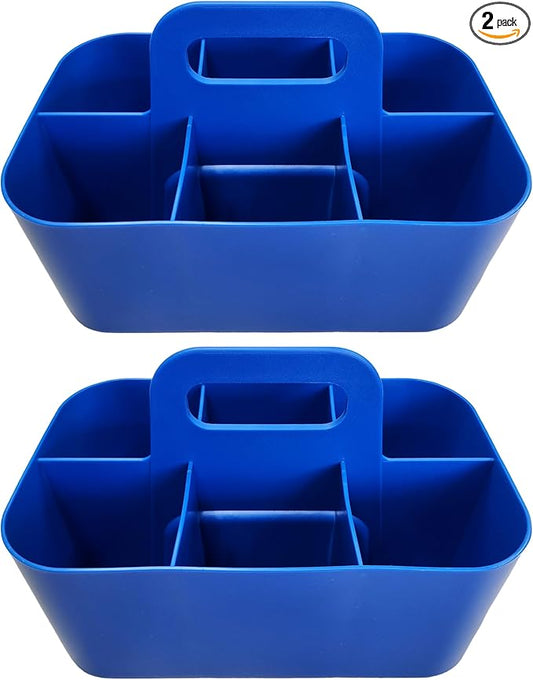 2 Pack Small 6 Compartment Multiuse Caddy Organizer with Handle Art Craft Supplies, Office, Desk, Stationery Pen Holder Stackable- Made In USA (Blue)