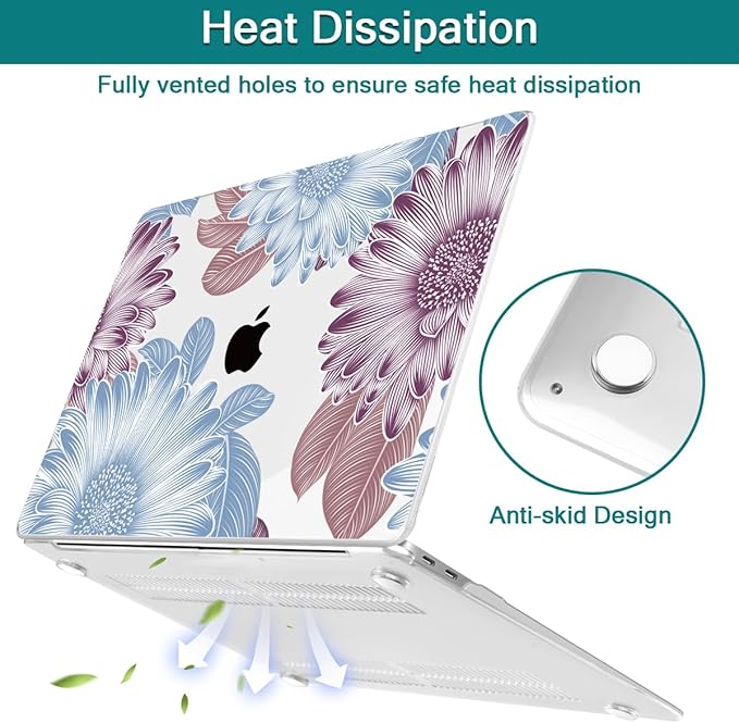 Teryeefi Compatible with M2 M1 MacBook Pro 13 Inch Case A2338 A2289 A2251 A2159 A1989 A1706 A1708 (2024 20203 2022-2016), Hard Shell Case & Keyboard Cover for Mac Pro 13" - W-Flowers