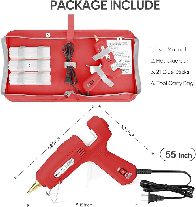 ROMECH Full Size Hot Glue Gun with 60/100W Dual Power and 21 Hot Glue Sticks (7/16"), Fast Preheating Heavy Duty Industrial Gluegun with Storage Case for Crafting, DIY and Repairs (Red)