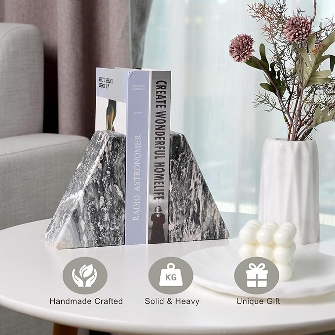 Koville Marble Bookends for Shelves, Large Bookends for Heavy Books, Natural Stone Book Stopper for Books CD Movies, Aesthetic Decorative Book Ends (Grey)