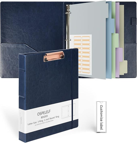 Ospelelf 3 Ring Binder With Clipboard 1 Inch Leather for Letter Size (8.5" x 11"), 5 Tab Dividers Office Supply, Dark Blue