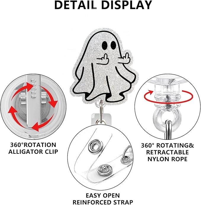 Halloween Badge Reel Funny Middle Finger Ghost Designs Cute Glitter Spooky Acrylic ID Clip Badge Holder with Alligator Clip for Nurse Nursing RN CNA LPN Medical Worker & Office Staff Gift