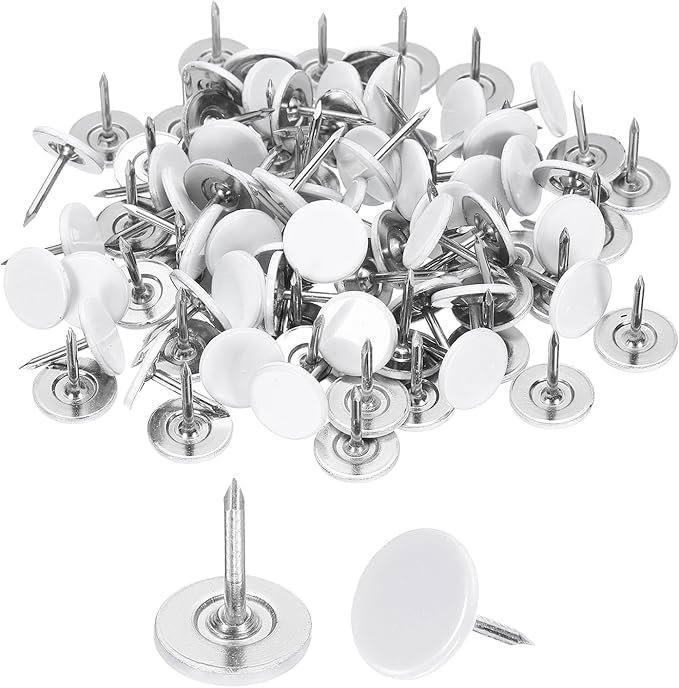 uxcell 120Pcs Push Pins, 11mmx17mm Round Flat Head Decorative Thumb Tacks Upholstery Tacks for Cork Board Office Wall Hangings, White