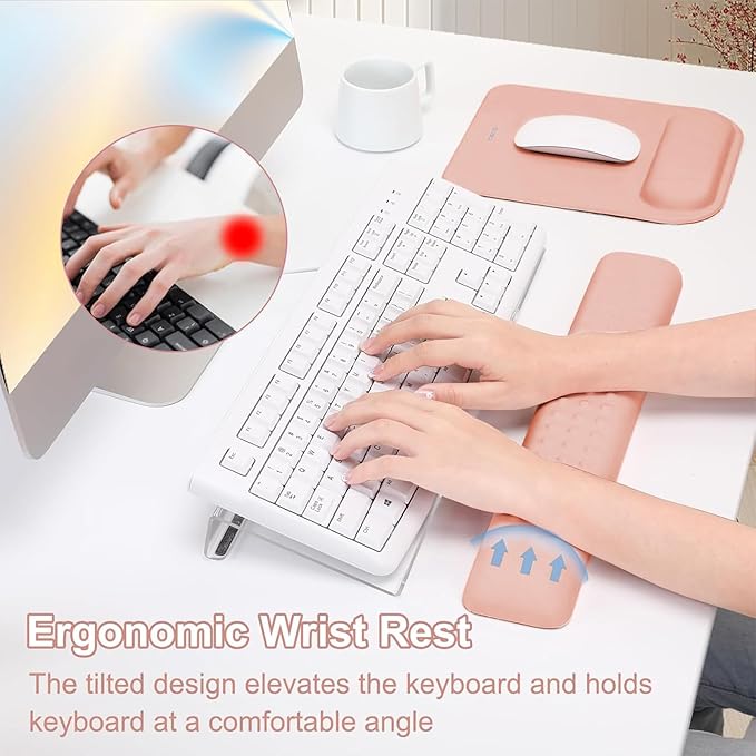 MOSISO Computer Keyboard Stand&Wrist Rest Support for Keyboard &Mouse Pad Set, Ergonomic Massage Wrist Rest Set, Easy Typing Working Acrylic Clear Stand for Office Home, Mocha